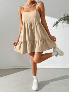 SHEIN EZwear Solid Color Spaghetti Strap Ruched Minimalist Short Dress, Casual Everyday Wear,Backless Dress - Apricot - View 3
