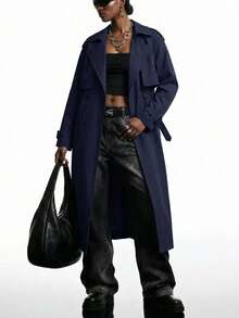 LYSMO 女式休闲纯色双排扣风衣，秋季 - 藏蓝色 - 查看 6