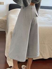 DAZY 高腰宽松阔腿裤，时尚休闲工装风七分裤，秋冬款 - 灰色 - 查看 2