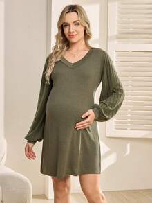 SHEIN V-Neck Casual Loose Long Sleeve Short Maternity Dress - Green - View 5