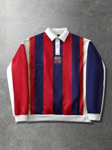 ROMWE MEN 男士套头卫衣，秋冬季，撞色Logo印花拼接卫衣 - 紅色 - 查看 5