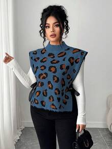 Elenzga 女士优雅豹纹系带无袖宽松针织背心，大码，适合秋冬季穿着 - 霧霾藍 - 查看 5