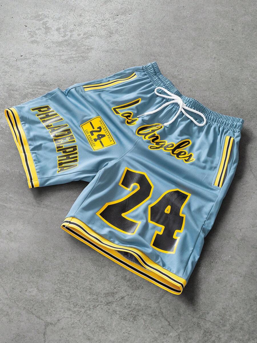 PAVTROS Quần short bóng rổ nam mùa hè, phong cách thường ngày, năng động, in chữ và số, viền sọc tương phản, cạp chun có dây rút. - Màu xanh nhạt - Xem 1