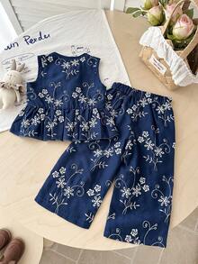 SHEIN Bộ 2 món cho bé gái, áo không tay và quần jacquard thêu hoa thời trang, thích hợp cho mùa xuân/hè, ở nhà, ngoài trời, đi nghỉ mát, dự tiệc và mặc hàng ngày. - Nhiều màu - Xem 2
