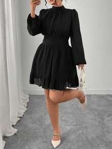 Elenzga Đầm midi dài tay ôm dáng, cổ đứng, bèo nhún, trang trí, dành cho nữ cỡ lớn, màu xanh navy, thanh lịch, thích hợp dự tiệc. - màu đen - Xem 7