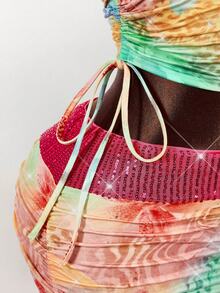 Amplova Wild Animal & Floral Print Asymmetrical Shoulder Cropped T-Shirt + Sequin Waist Bodycon Mini Skirt, Women 2-Piece Set - Multicolor - View 7