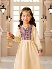 1pc Young Girl Embroidered A-Line Dress, Colorful Embroidered Pattern With Childlike Charm, Suitable For Holidays, Birthday Parties, Banquets - Beige - View 5