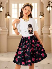 رمضان مجموعة تنورة مطبوعة رقميًا وبلوزة كاجوال بأكمام قصيرة مطبوعة بطبعة زهرية وحرف، مناسبة للخروجات والمدرسة والتنقل - أبيض - مشاهدة 4