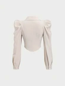Sweetra Áo kiểu nữ thời trang, thanh lịch, tay phồng, ôm dáng, màu trơn. - Màu be - Xem 2
