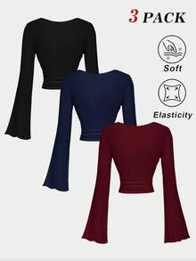 SHEIN MOD Bộ áo phông 3 món tay loe màu trơn thanh lịch - Đỏ và đen - Xem 2