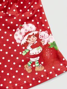 Strawberry Shortcake | ROMWE Áo hai dây ôm dáng kiểu dáng thường ngày đồng quê dành cho nữ, họa tiết hoạt hình dễ thương và chấm bi, viền bèo tương phản, thích hợp cho mùa hè. - Đỏ - Xem 4