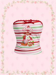 Strawberry Shortcake | ROMWE Women's Casual Sweet Striped Cartoon Contrast Lace Strapless Top, Summer - Multicolor - View 1