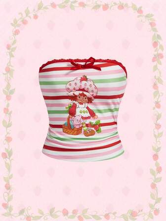 Top sans bretelles décontracté et doux pour femmes, à rayures et motifs de bandes dessinées contrastées, pour l'été