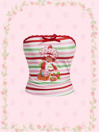 Strawberry Shortcake | ROMWE Kadınlar için Günlük Kullanım İçin Şık Çizgili Karikatür Desenli Kontrast Dantelli Askısız Bluz, Yazlık