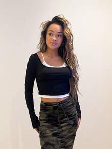 RebeccaVibe 女式夏季 Y2K 演唱会狂欢外出黑色修身二合一长袖上衣 - 黑色 - 查看 5