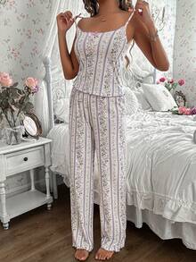 SHEIN 印花无袖吊带背心和裤子女士睡衣套装 - 白色 - 查看 2