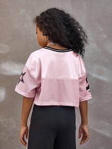 Coolane Kids Tween Girls Blush Pink Summer Streetwear School Back-To-School V-Neck Mesh Fabric Letter & Number Print Loose Cropped T-Shirt,Cute Fashionable Jersey - Pink - View 5
