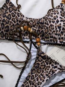 Swim SXY 夏季海滩度假女士吊带印花多面料吊带背心上衣，侧边抽绳多面料比基尼泳裤，泳装套装 - 彩色 - 查看 6