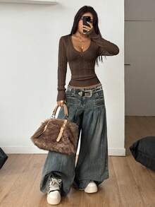 Coolane Women's Winter Vintage Preppy Y2K Daily Wear Going Out Renaissance Fair Cable-Knit Club Brown Long Sleeve V-Neck Sweater - Coffee Brown - View 6