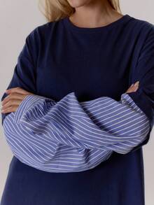 MUSERA 叠层超大条纹短袖T恤裙，复古乡村风，可爱田园风，返校休闲居家连衣裙，女款，奶油糖色，Y2K风格 - 藏蓝色 - 查看 6