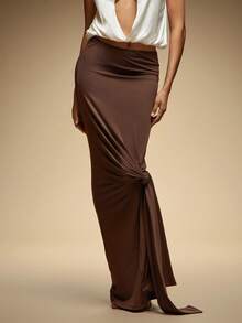 Hauture Chân váy xếp ly chữ A thắt nút bên hông màu trơn thanh lịch dành cho nữ - màu nâu - Xem 5