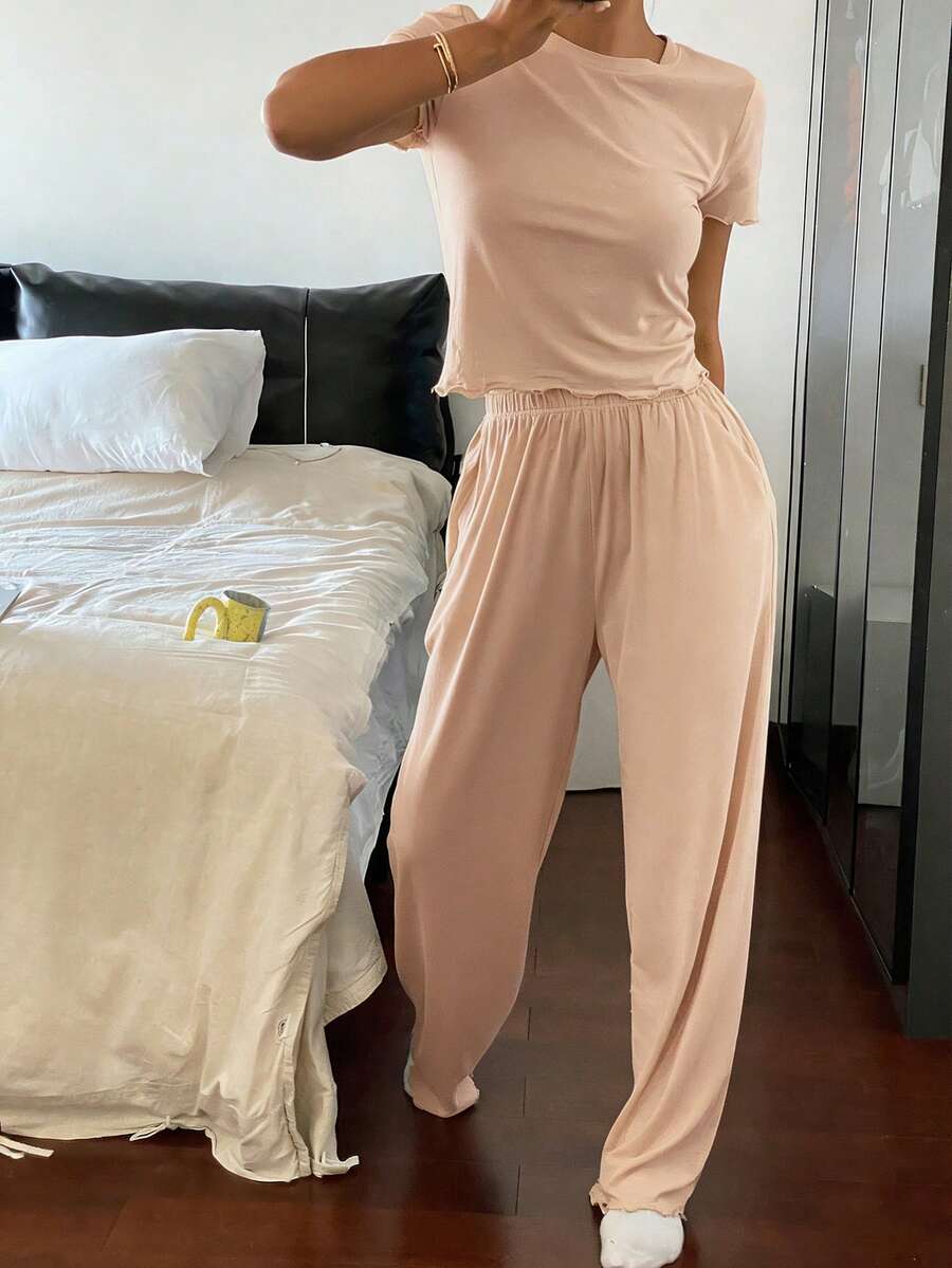 Livesso 2pcs Set Minimalist Solid Color Wavy Trim Decor Fitted Top And Pants Loungewear Set - Apricot - View 1