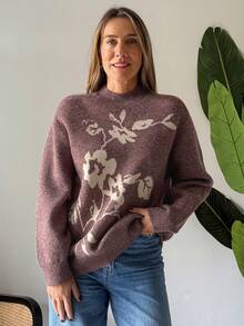 Vivie Lora Suéter casual holgado con estampado floral de bloques de color para mujer - Marrón - Ver 2