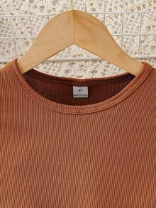 SHEIN Elladie kids 2件套女童夏季休闲纯色荷叶边上衣和印花蝴蝶结装饰短裤套装 - 棕色 - 查看 4