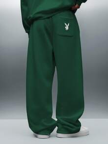 PLAYBOY X SUMWON Wide Leg Sweatpants With Drawstring Waist And Bunny Logo Embroidery For Casual Loungewear - Green - View 4