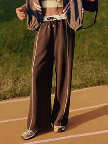 女士休闲日常通勤上学运动风撞色缝线抽绳腰宽松阔腿裤 - 棕色 - 查看 1