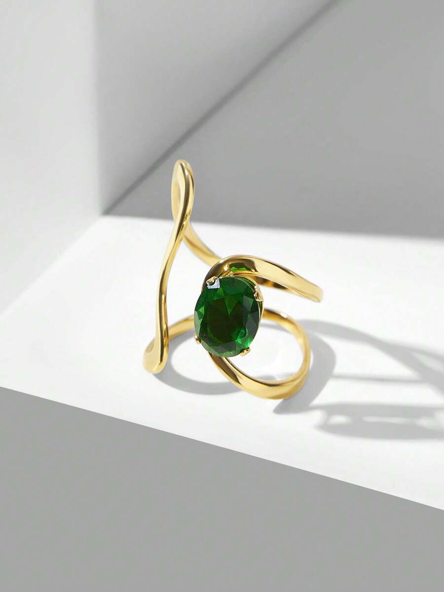 MOTF PREMIUM Anillo abierto elegante con diseño geométrico chapado en oro de 18K - Verde dorado - Ver 2