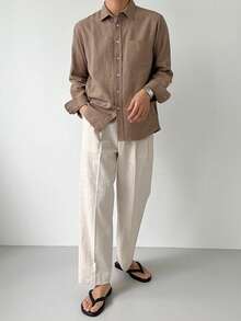 DAZY Men's Casual Everyday Office Commute Simple Solid Color Patchwork Pocket Long Sleeve Shirt, Spring/Autumn - Khaki - View 6