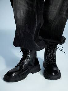 Botas de tobillo con cordones de moda y versátiles para mujer - Negro - Ver 10