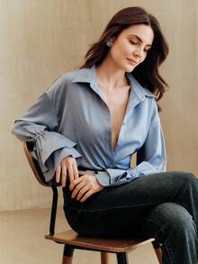 Anewsta Women's Elegant Ruffled Collar Versatile Long Sleeve Blouse - Blue - View 3