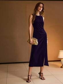MOTF PREMIUM RUCHED SLIT VELVET DRESS - Purple - View 4