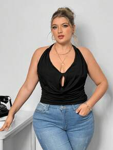 Truni Sometimesglam Plus Size Women's Fashionable Sexy Solid Color Draped Neck Backless Halter Top, For Pear Triangle Body Shape - Black - View 4