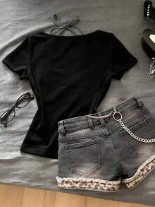 Glimmora 新款女士二合一露背系带修身黑色短袖T恤 - 黑色 - 查看 2