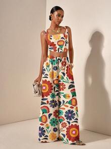 Zivah New Spring/Summer Vacation Casual Fishbone Strap Top & Wide Leg Pants With Pockets 2 Pieces Set/Season Wedding Attend/Birthday Party/Daily Outing/Basic And Versatile/Leisure Vacation/Cruise Travel/Beach Seaside Sunbathing /Internet Celebrity Hot Style/Street Style/Elegant Commuter/Business/Casual Bandeau Strap Sexy Backless Ladies Top And Straight Pants With Pockets Flower Positioning Print Green Summer Suit Ladies Two Pieces Suit Carnival - Multicolor - View 5