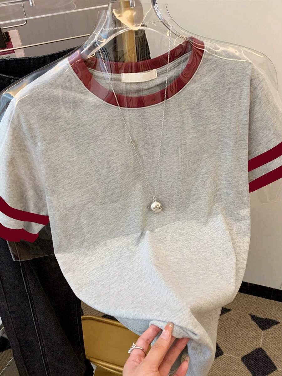 Franclia 女士休闲撞色滚边短袖圆领T恤，灰色 - 淺灰色 - 查看 1