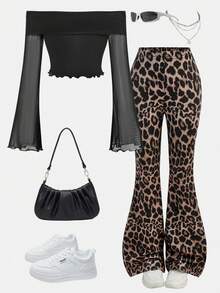 SHEIN Tween Girls' Casual Fashion Mesh Off-Shoulder Flared Long-Sleeved Crop Top With Pure Leopard Print Flared Pants 2-Piece Set, Casual And Elegant Daily Wear, Suitable For Autumn And Winter, Spring And Summer, Back To School, Cheetah Print Girls Set, 2 Piece Pants Set, Flared Leggings, Animal Print Outfit - Black - View 3