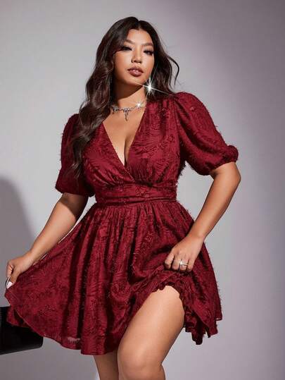Viva Relle Plus Size Women's Summer Sexy Vacation Style Solid Color Fuzzy Jacquard Flower Applique Deep V-Neck Puff Sleeve Cinched Waist Dress