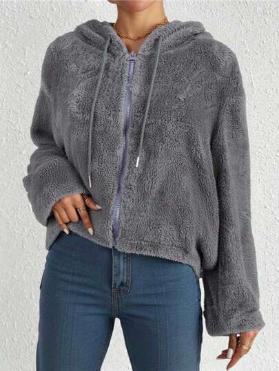 Sudadera de invierno para mujer, de color liso, de doble cara, de forro polar coral con cremallera y capucha, holgada, talla grande, cálida y cómoda.