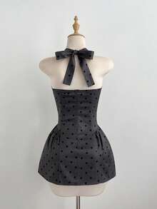 Elamini Women's Light Gray Polka Dot Tie-Up Bow Short Dress