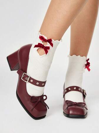 Grunge Punk Women's Fashion High Heel Shoes With Bunion Strap And Bow Decor, Versatile For Daily Wear