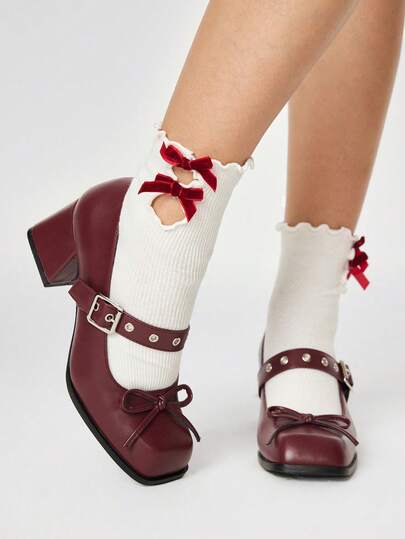 Grunge Punk Zapatos de tacón alto de moda para mujer con correa para juanetes y decoración de lazo, versátiles para uso diario