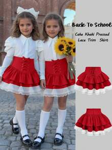 Young Girls Woven Solid Color Cross Straps Layered Cake Pressed Lace Trim Short Skirt,Back To School,Casual And Versatile, Ladylike, Sweet And Cool Girl,Young Girl Clothes, , Pairing White Shirt,Long Sleeve Tops,Cute Skirts,Back To School Season,Mom And Daughter & Sisters  Matching. - Red - View 3