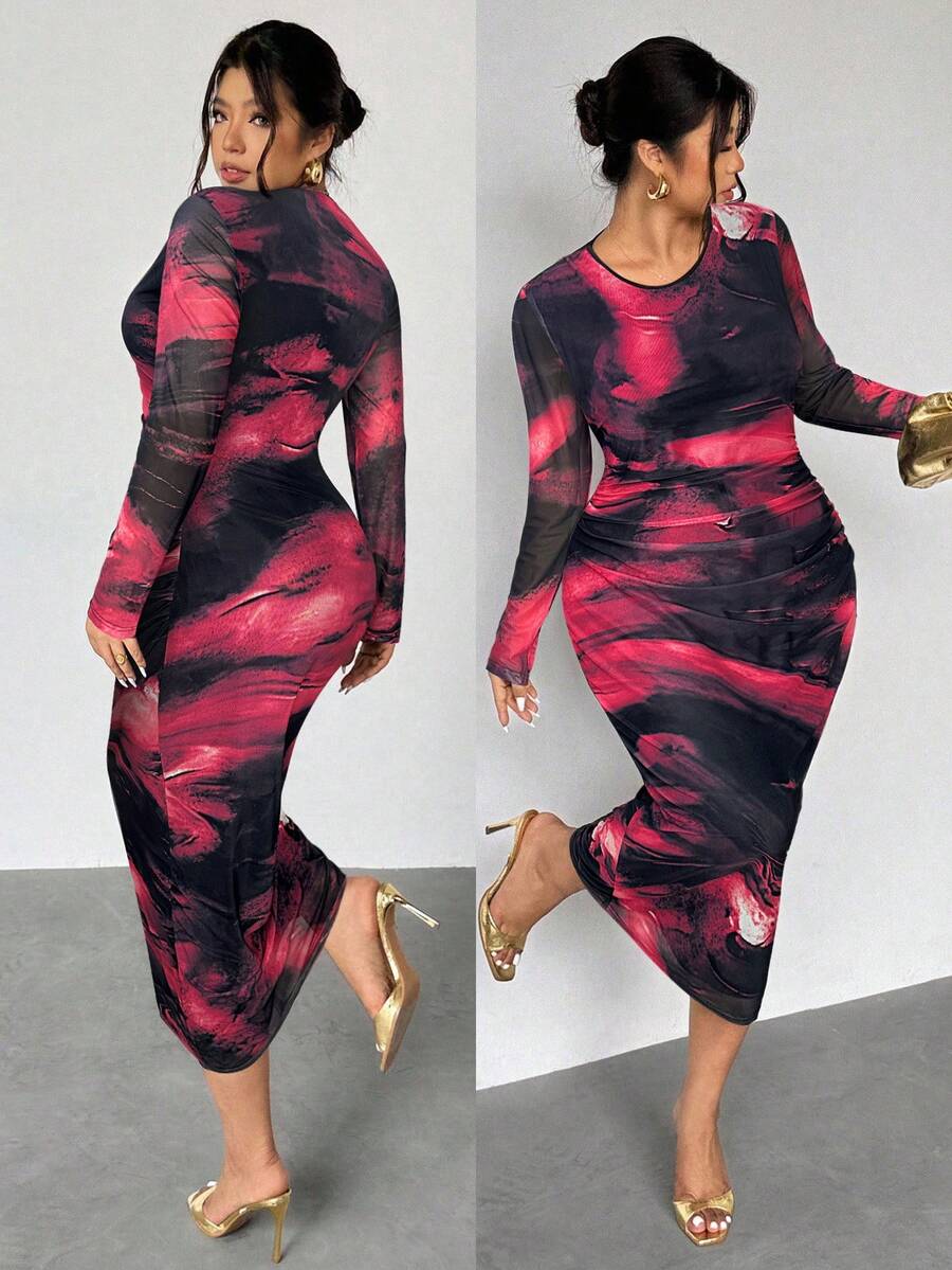 Firerie Đầm maxi dài tay thanh lịch in họa tiết tie-dye, xếp ly eo, cổ bất đối xứng, dài tay, đầm hẹn hò sang trọng, chất liệu vải lưới co giãn, cỡ lớn dành cho nữ/đầm maxi thường ngày thanh lịch, đầm đi nghỉ mát, đầm đi học, đầm dài tay nữ, đầm midi nữ, đầm ôm sát dài, đầm midi dài tay, đầm midi ôm sát nữ. - Đỏ - Xem 1