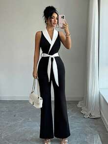 Elenzga Bộ jumpsuit nữ thanh lịch, thời trang công sở, phối màu tương phản, cổ shawl, không tay, thắt lưng, dáng xòe, thích hợp cho mùa Xuân/Hè/Thu. - Đen và trắng - Xem 7