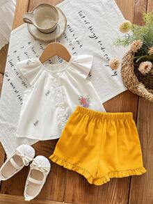 SHEIN LMoss Kids Conjunto de blusa de manga corta con bordado floral y pantalones cortos verdes para bebé niña recién nacida, de verano - Blanco - Ver 5