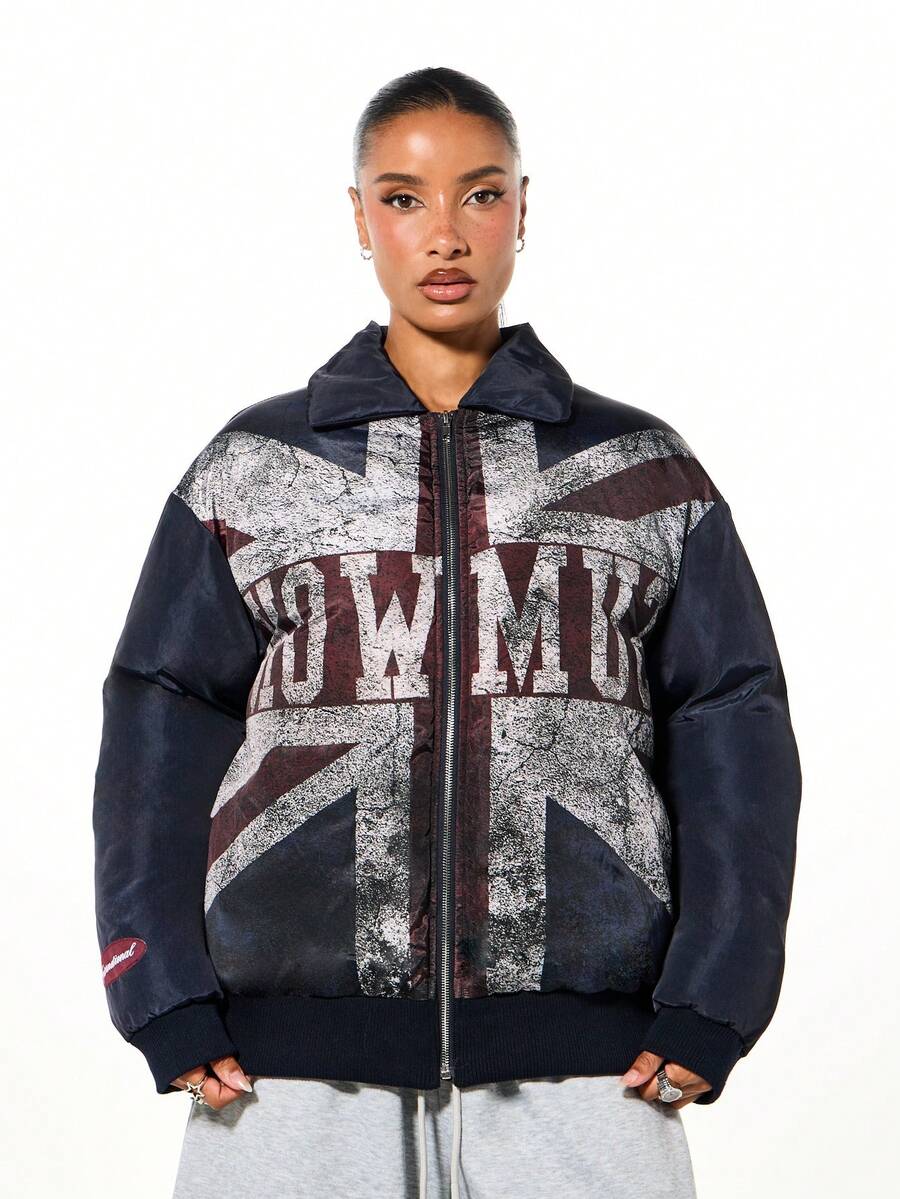 SUMWON WOMEN Oversized Union Jack Puffer Jacket With Flag Print For Winter Warmth And Statement Style - Black - View 1